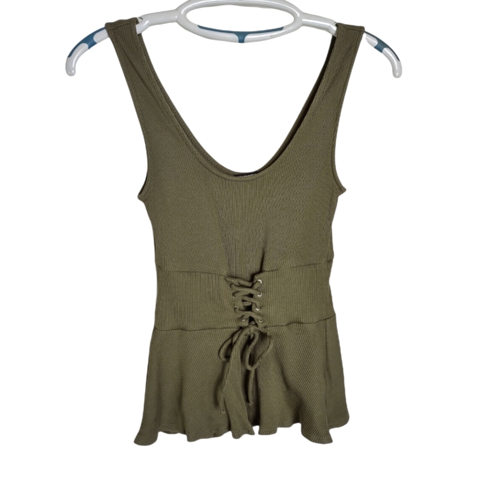 Express Olive Green Ribbed Peplum Top w/ Corset Belt size XS